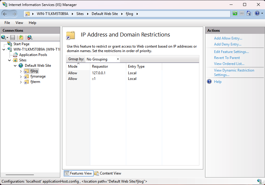IIS Manager IP Address and Domain Restrictions Feature Final Settings