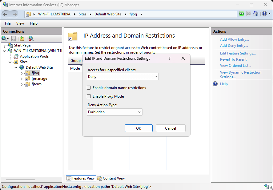 IIS Manager IP Address and Domain Restrictions Feature Settings