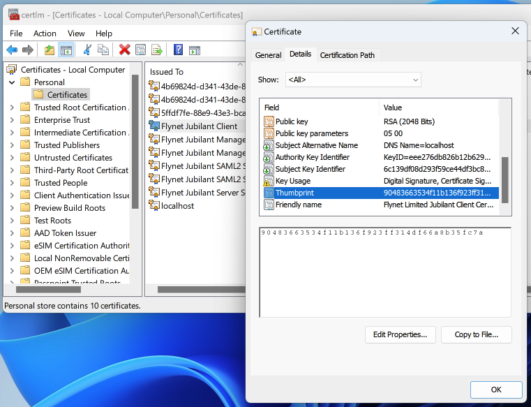 Certificate details in the Local Machine Certificates MMC